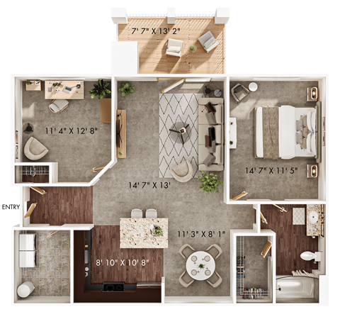 Floor plan for 1 bed, 1 bath, 1017 sqft